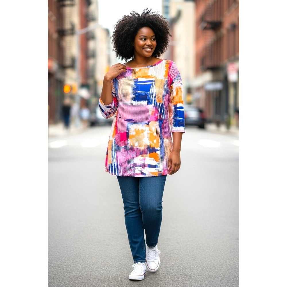(J-276) Attitudes by Renee Abstract Print Tunic Top L Colorful 3/4 Sleeve Stretc